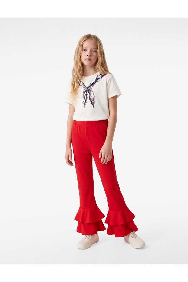 Spanish-Style Flared Pants with Ruffle Details and Elastic Waistband