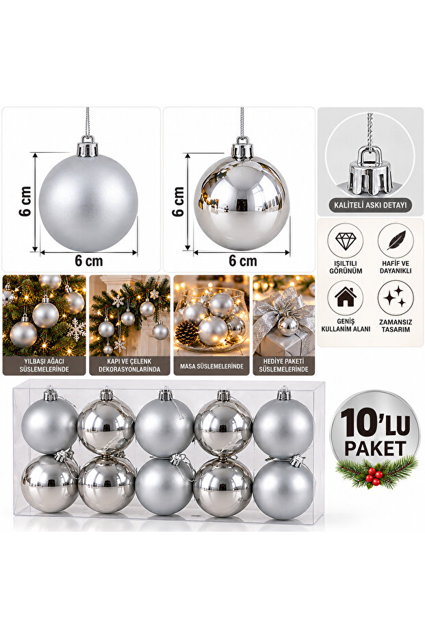 Set of 10 6 cm Silver Balls Christmas Ornaments – Shiny and Matte Decorative Christmas Tree Ornaments Set
