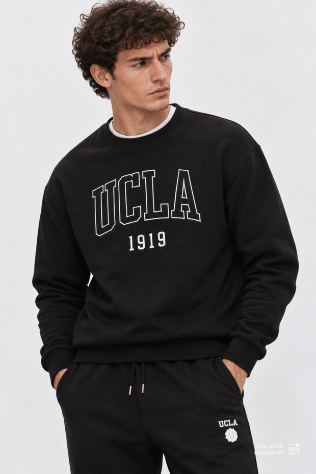 Sandhill Black Crew Neck Embroidered Loose Fit Men's Sweatshirt