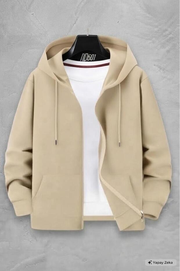 Unisex Light Beige Full Zip Hooded Jacket