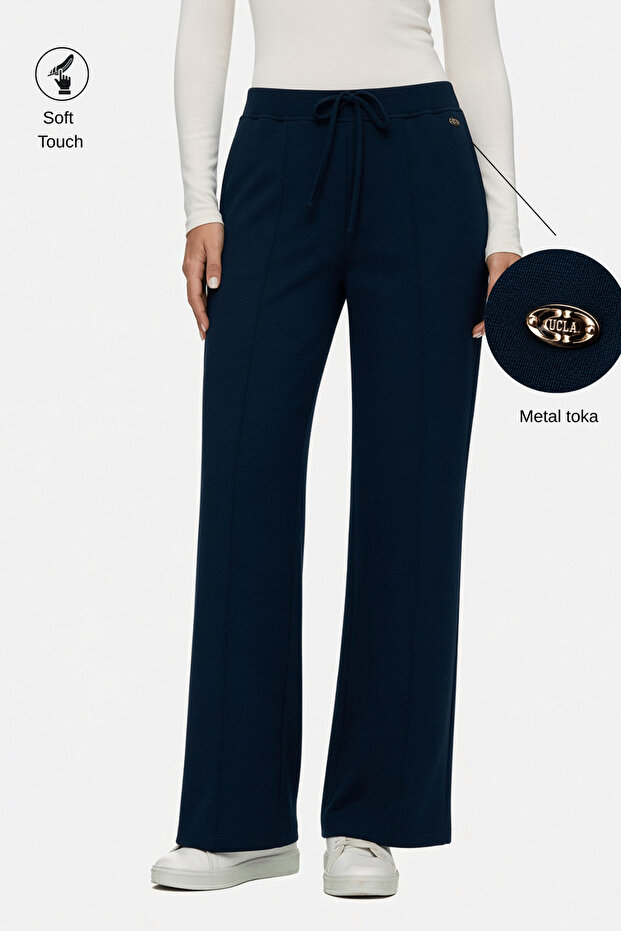 Dalia Navy Blue Wide Leg Soft Textured Modal Fabric Standard Fit Women's Sweatpants