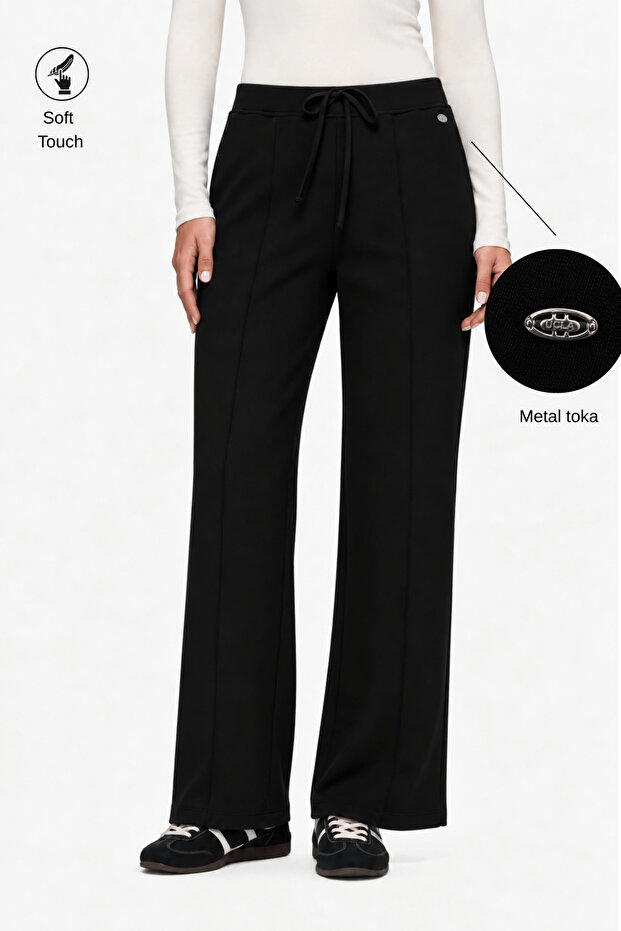 Dalia Black Wide Leg Soft Textured Modal Fabric Standard Fit Women's Sweatpants