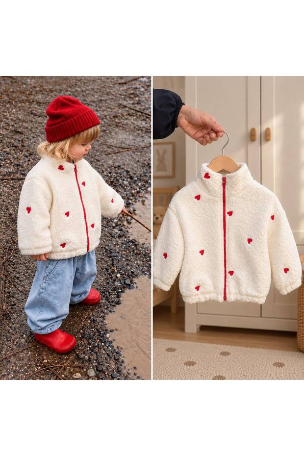 Girl's Heart Embroidered Winter Plush Coat with 100% Cotton Lining and Zipper, Ages 1-2-3