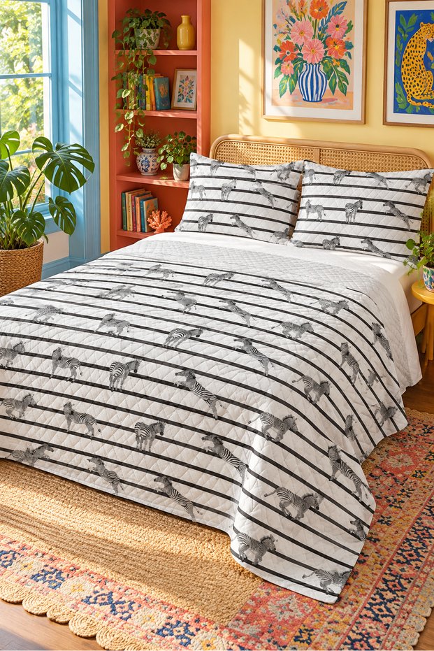 Zebra Pattern Black Striped Double Printed Pique (200x220 Cm) White