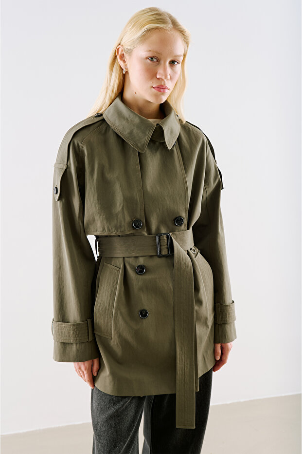 North Kruvaze Belted Trench Coat Khaki