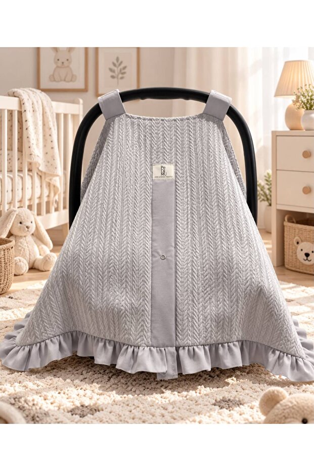 Winter Pique Fabric Gray Color Ruffle Detailed Stroller Cover