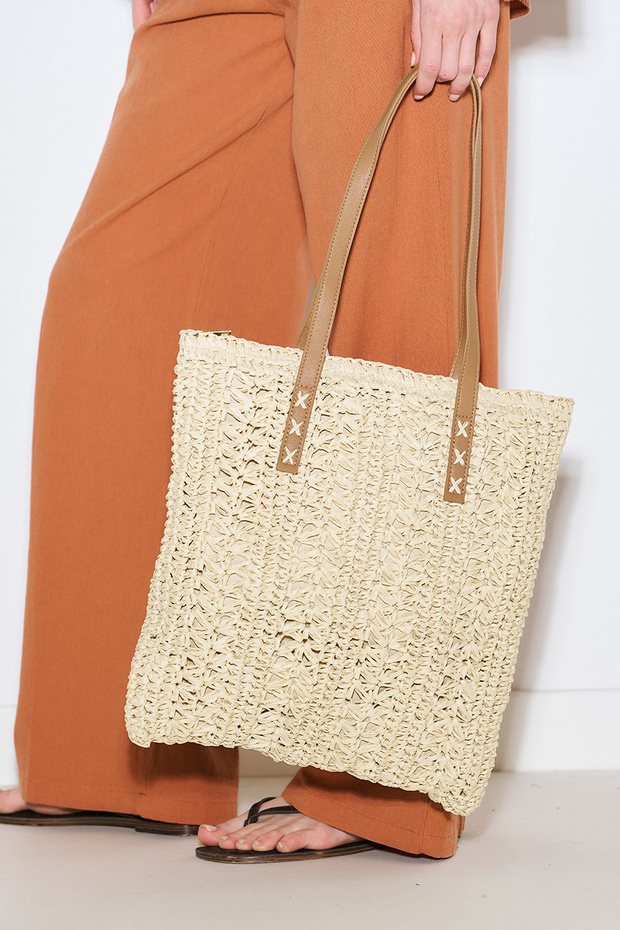 Patterned Wicker Shoulder Bag Beige