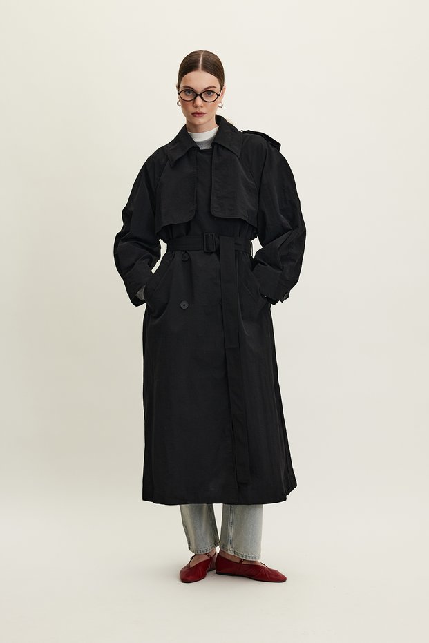 Technical Fabric Oversize Trench Coat Black