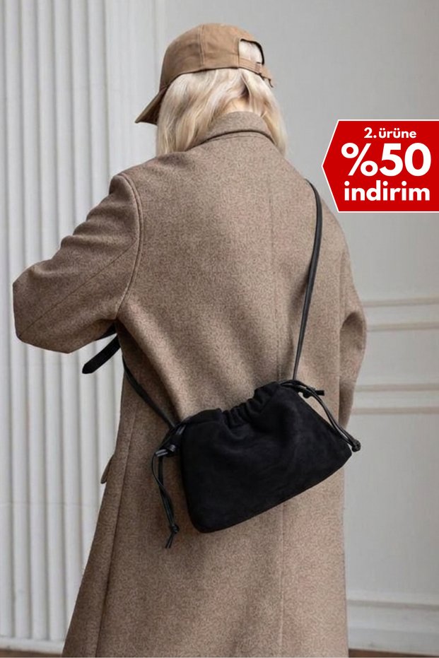 Black Suede Long Strap Drawstring Crossbody Bag
