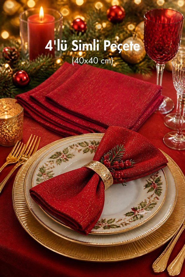 Red Napkin with Glitter, 40x40 Cm 4 Pieces