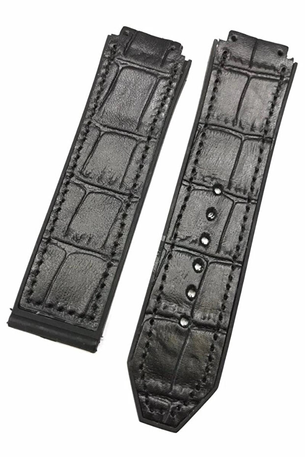 Hublot Big Bang Compatible Leather Covered Silicone Black Watch Band - Case Entry 19 mm