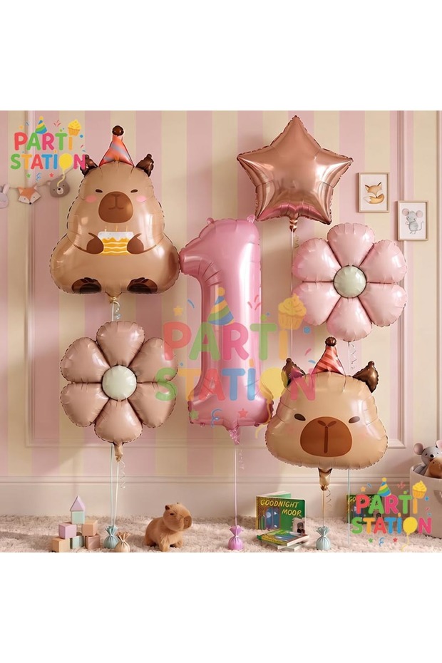 Capybara Themed 1 Year Old Birthday Balloon Set 6 Piece Capybara Balloons