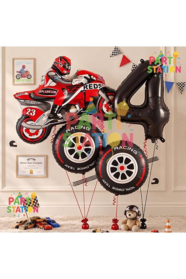 Motorcycle Themed 1 Year Old Foil Balloon Set 4 Piece Motorcycle Birthday Set