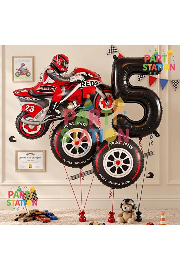 Motorcycle Themed 1 Year Old Foil Balloon Set 4 Piece Motorcycle Birthday Set