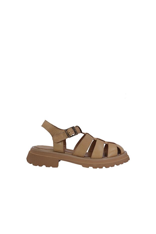 26101286 Cappuccino Genuine Leather Women's Cage Buckle Sandals Closed Toe