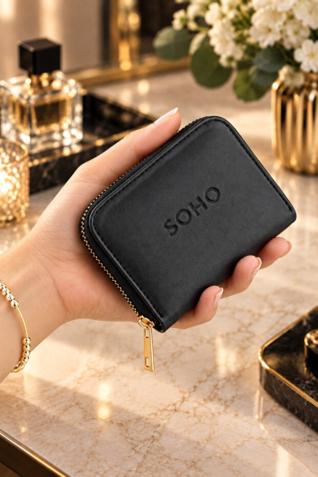 Original Special Boxed Mini Urban Style Multi-Compartment Zippered Compact Comfort Model Gift Coin Compartment Id and Money Compartment Luxury Soft Leather Minimal Design Small Size Card Holder Black Wallet