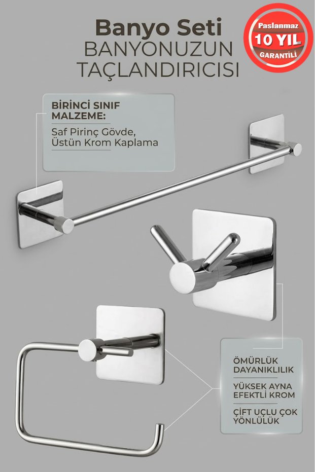 Adhesive 3-Piece Stainless Brass Chrome Bathroom Accessory Set - Towel Holder, Toilet Paper Holder, and Hanger Set