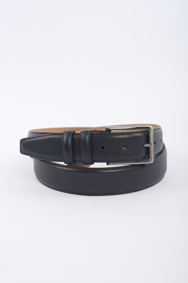 Navy Blue Classic Stitched Leather Belt 3.5 cm