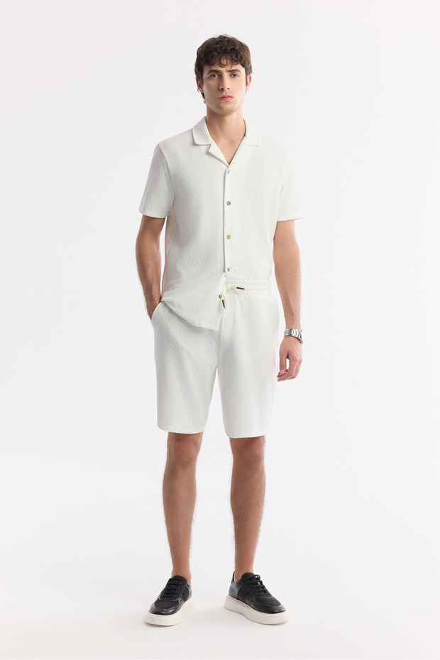 Men's Ecru Elastic Waist Lace-Up Viscose Blended Knitted Regular Fit Shorts A51Y3633