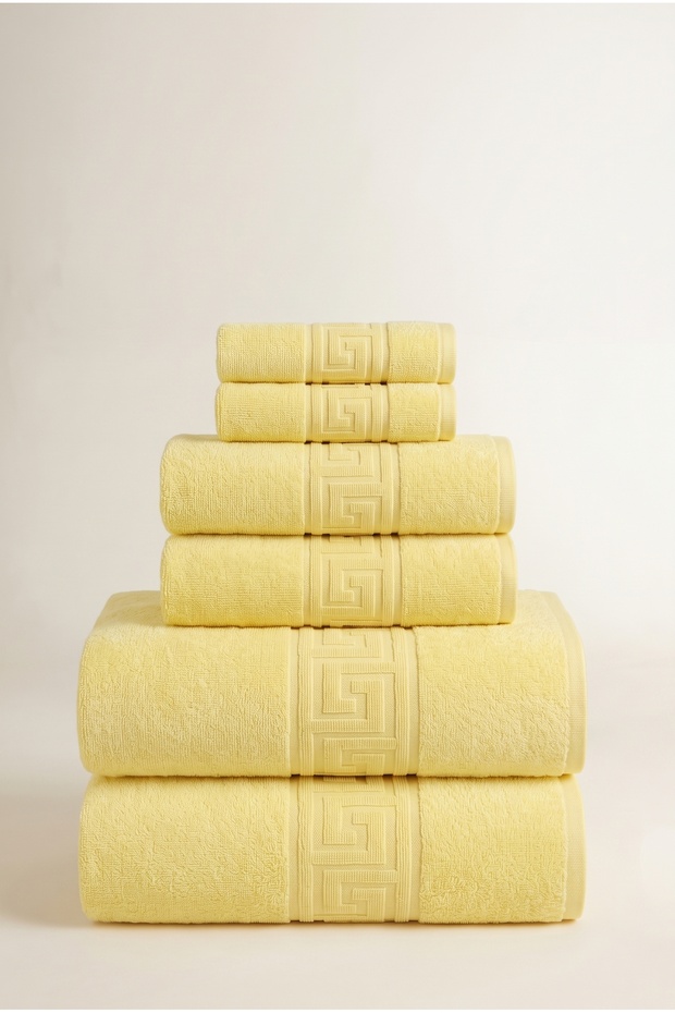 Set of 6 Yellow Greek Towels - 2 Hand Towels 50X90 2 Face Towels 50X30 2 Bath Towels 70X140
