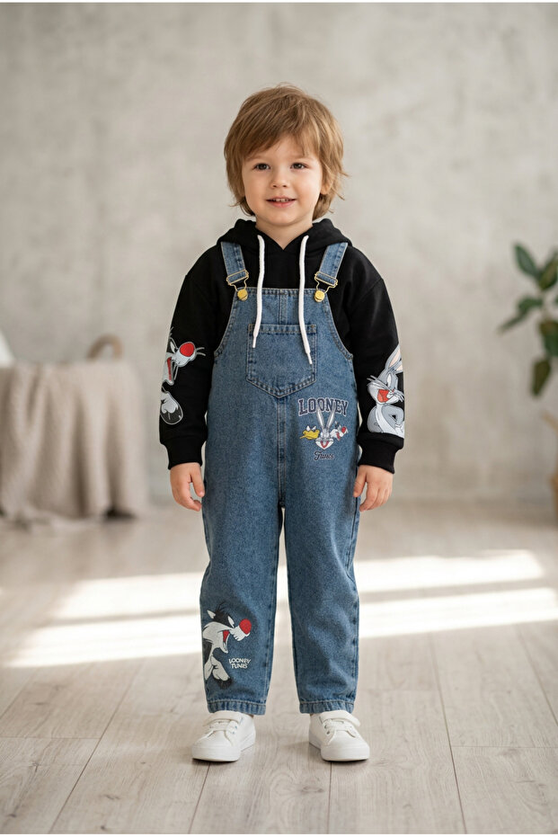 Children's Hooded Sweatshirt and Denim Salopet Set 2-Piece Combination