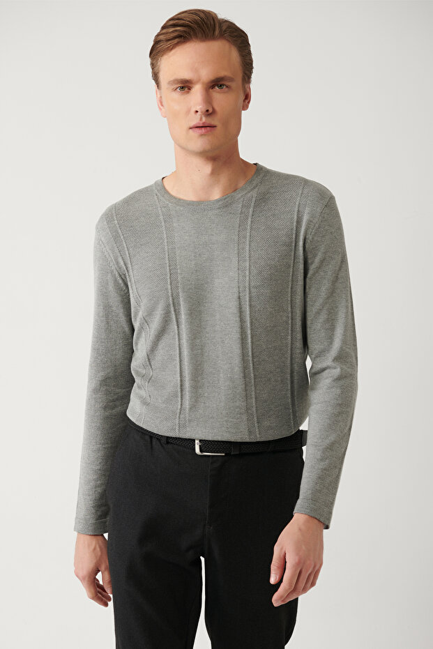 Men's Gray Crew Neck Cotton Textured Knitwear Sweater A32Y5133