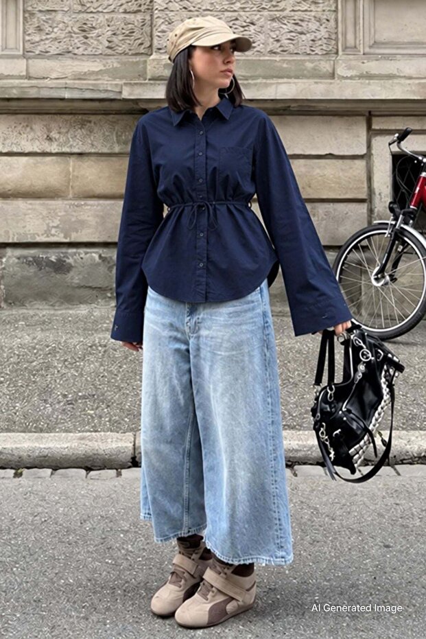 Navy Blue Waist-Tied Oversize Pocketed Shirt Mg2798