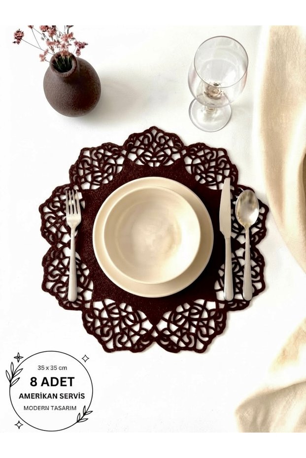 Dark Brown (Wenge) Suede Fabric Round Placemat American Serving Set 8 Pieces 35X35Cm