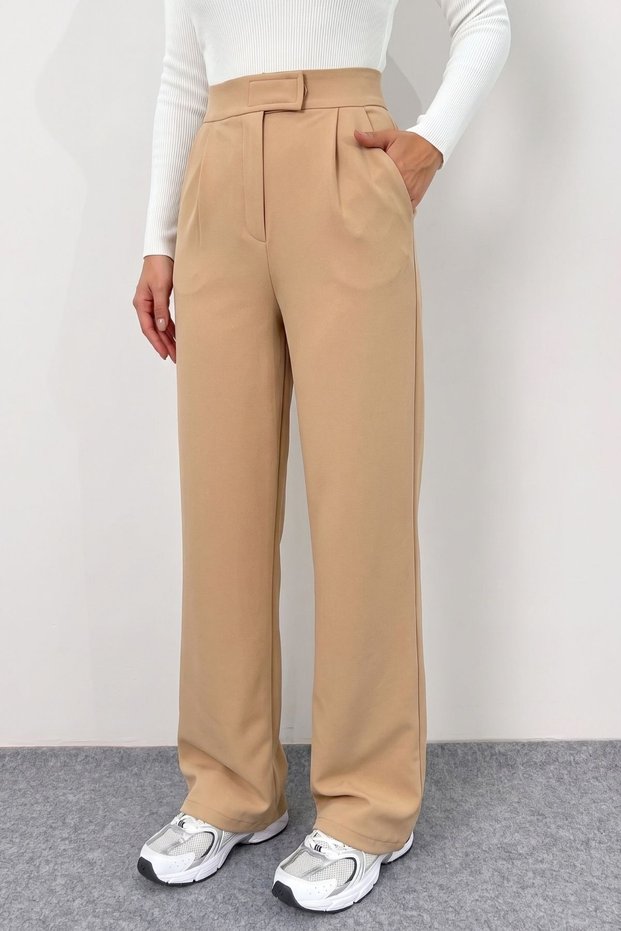 Women's High Waist Velcro Closure Elastic Waist Zipper Pocket Lycra Beige Palazzo Trousers