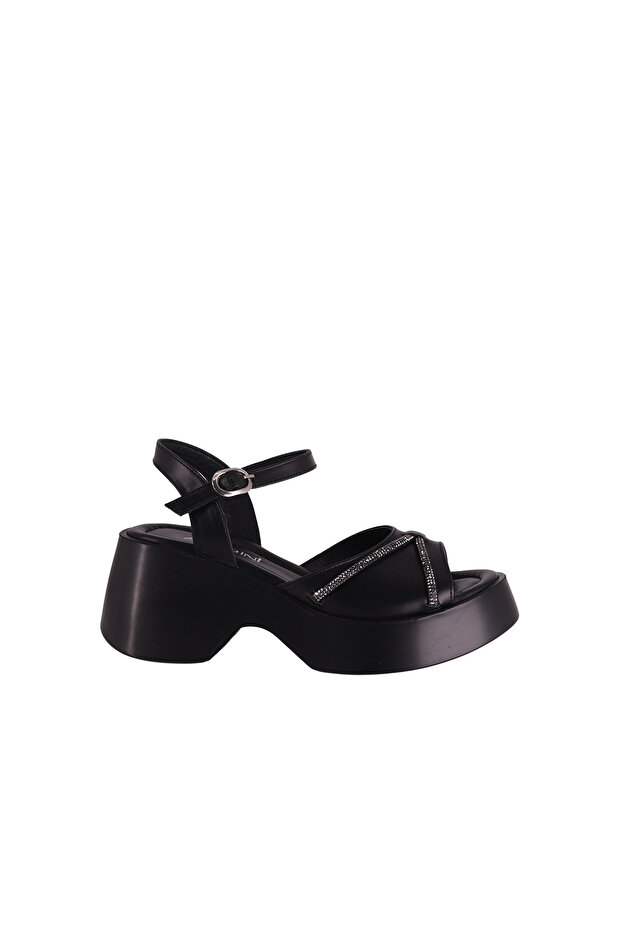 Women's Heeled Sandals with Buckle, Black Leather, Stone Detail