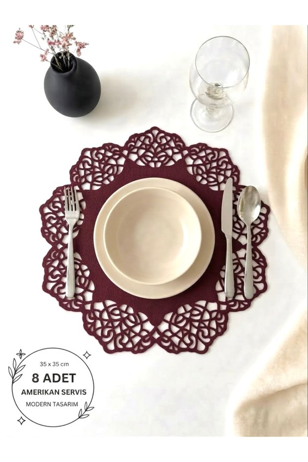 Burgundy Suede Fabric Round Placemat American Service Set of 8 35X35Cm