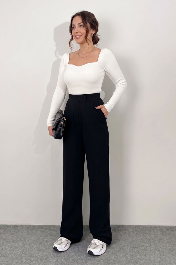 Women's High Waist Velcro Closure Elastic Waist Zipper Pocket Lycra Black Palazzo Trousers