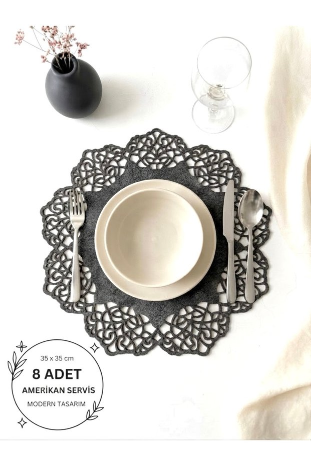 Dark Gray Suede Fabric Round Placemat American Service Set of 8 35X35Cm