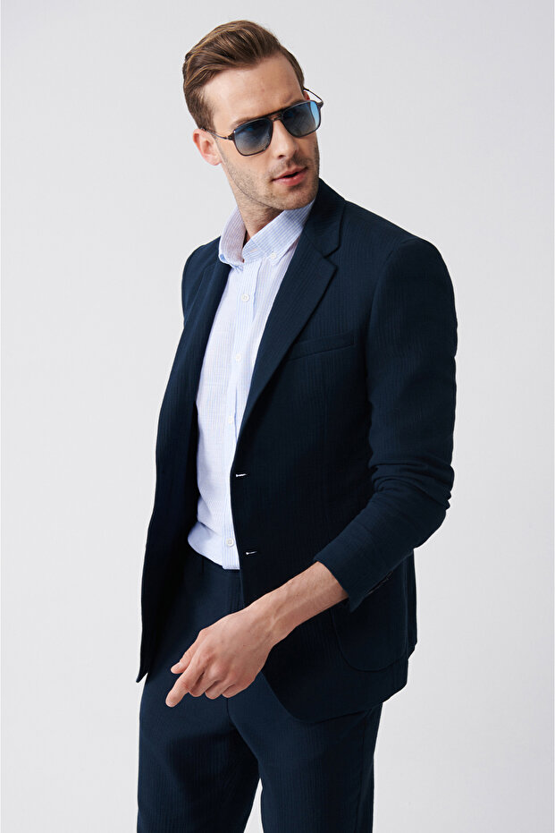 Men's Navy Blue Unlined Wool Blended Double Slit Jacket A31Y4009