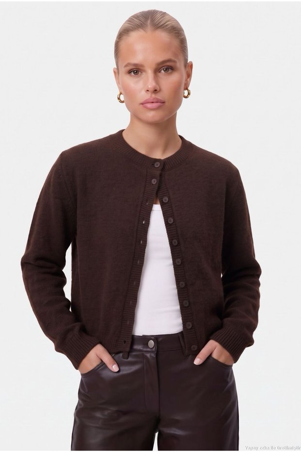 Women's Nina Crew Neck Brown Basic Cardigan