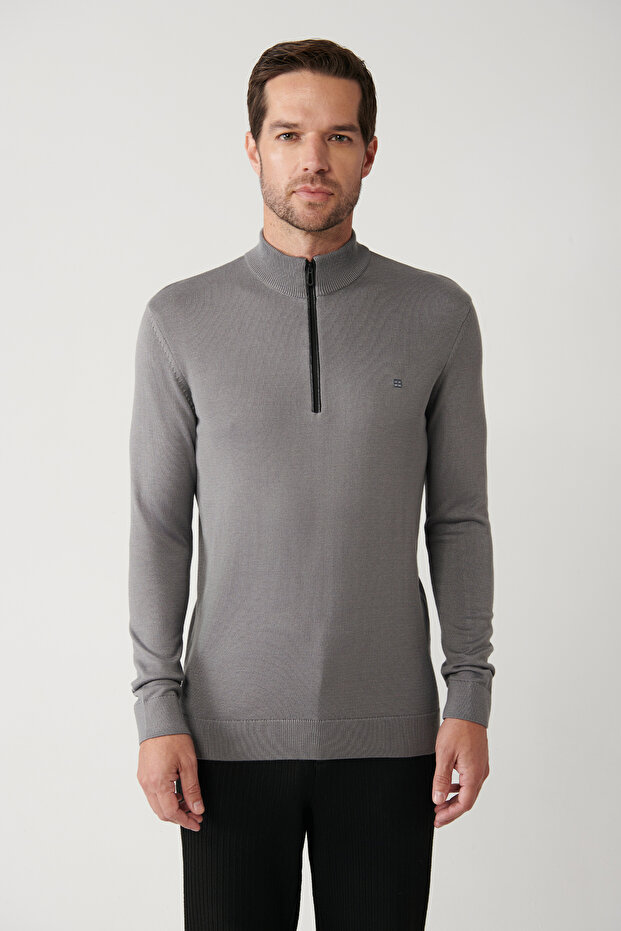 Men's Gray Stand Collar Leather Detailed Zippered Viscose Knitwear Regular Fit Sweater B005023