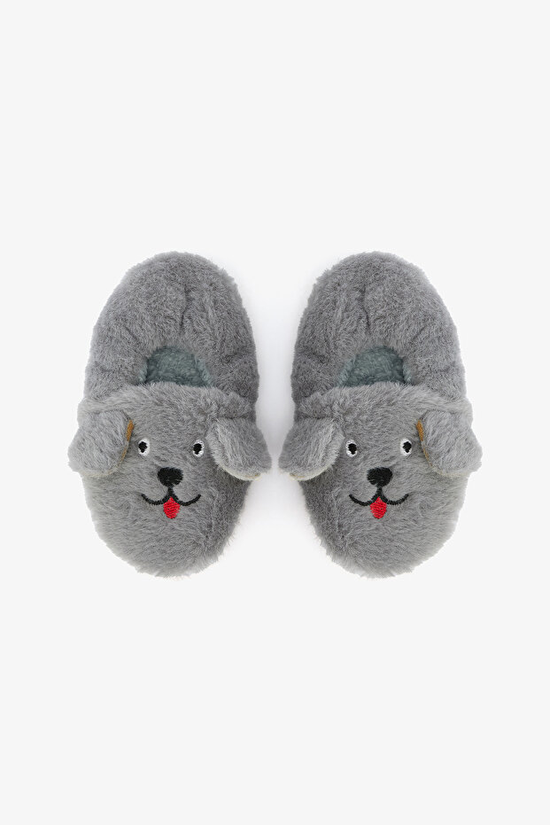 Gray Boy's Soft Textured Home Booties with Bear Embroidery Detail
