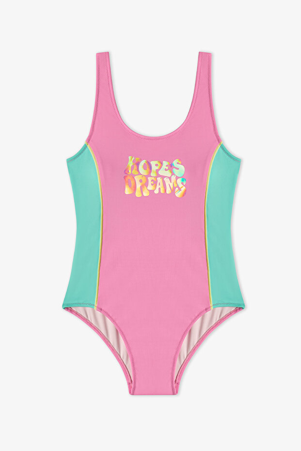Girl's Light Pink Beauty Sports Hologram Patterned Swimsuit
