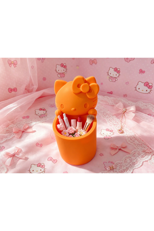 3D Printed Cute Cat Figurine Pen Holder with Bow - Desktop Organizer - Orange