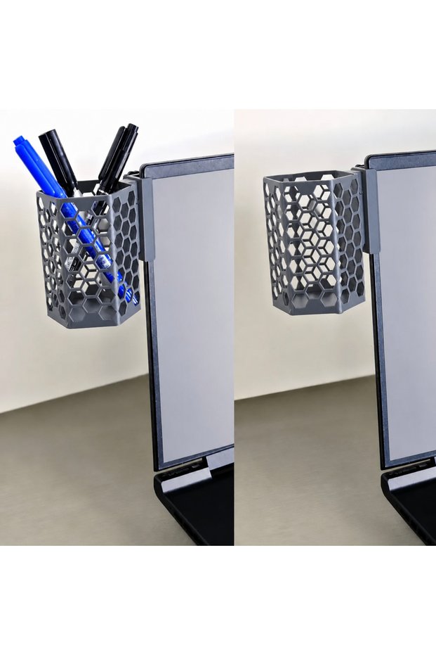 3D Printing Monitor Pen Holder - Honeycomb Patterned Laptop Edge Hexagonal Pen Holder - Gray