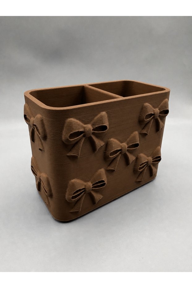 3D Printed Bow Patterned Pen Holder with Compartments - Desktop Organizer - Brown