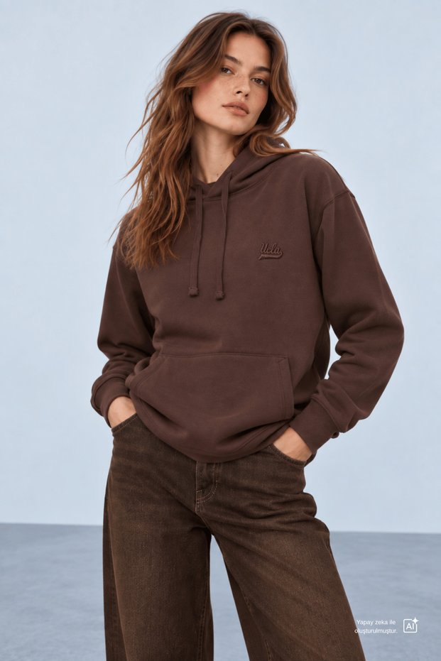 Weber Brown Crew Neck Embroidered Oversize Women's Sweatshirt