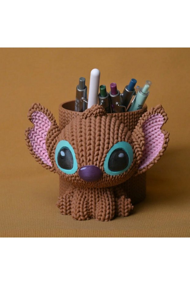 3D Printed Knitted Pen Holder - Desktop Pen Organizer with Cute Characters - Brown