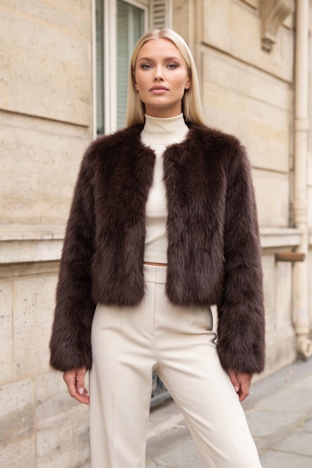 Collarless Premium Imported Lolita Fur Coat Jacket Bitter Brown