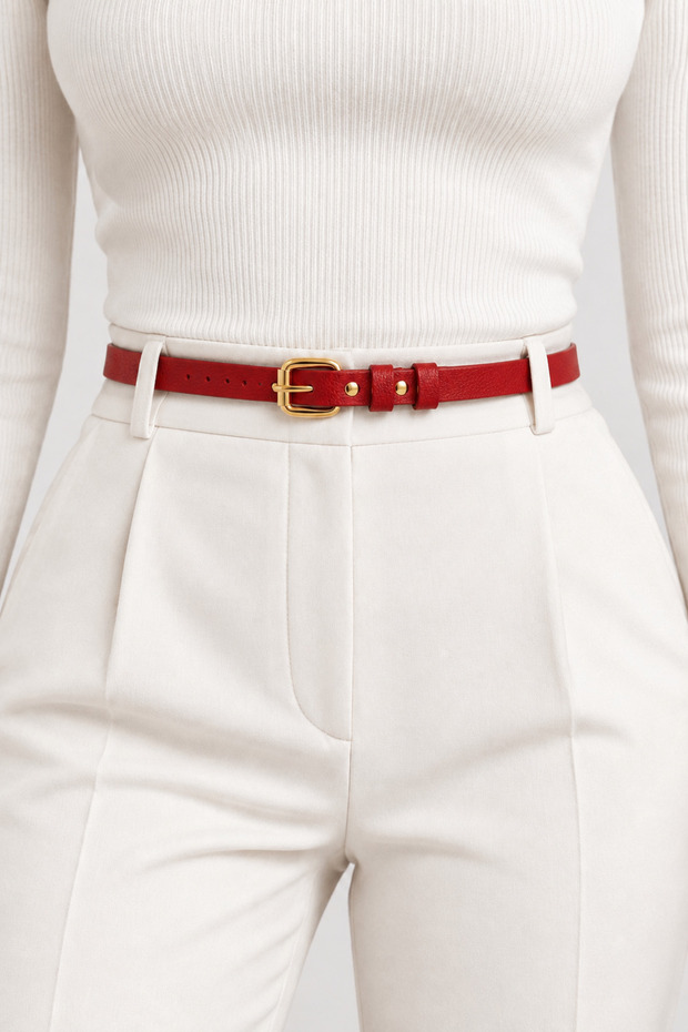 Women's Belt Red Gold Buckle Thin Stylish Belt