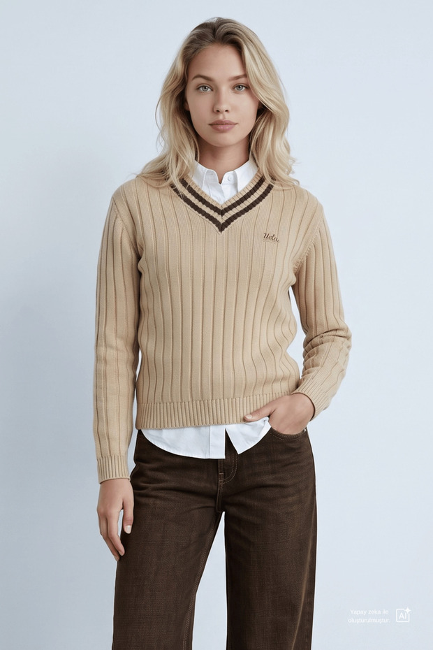 Pinellas Dark Beige V-Neck Jacquard Standard Fit Women's Knitwear