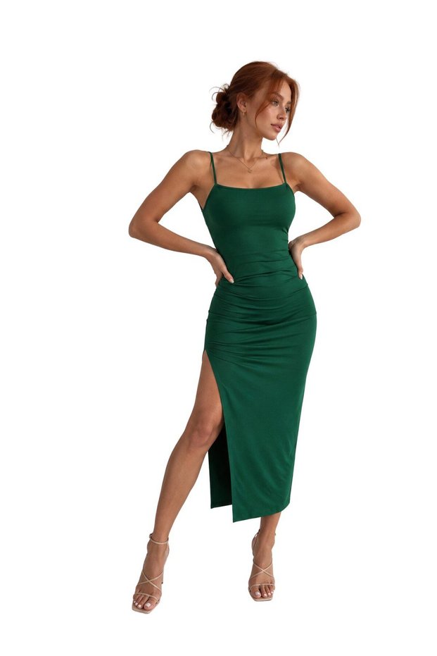 Vs-1023 Butterfly Green Thin Strap Gathered Slit Midi Dress
