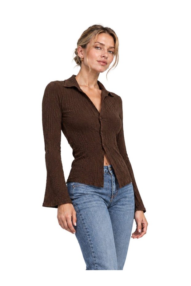 Vs-1050 Madison Brown Corded V-Neck Buttoned Spanish Sleeve Blouse