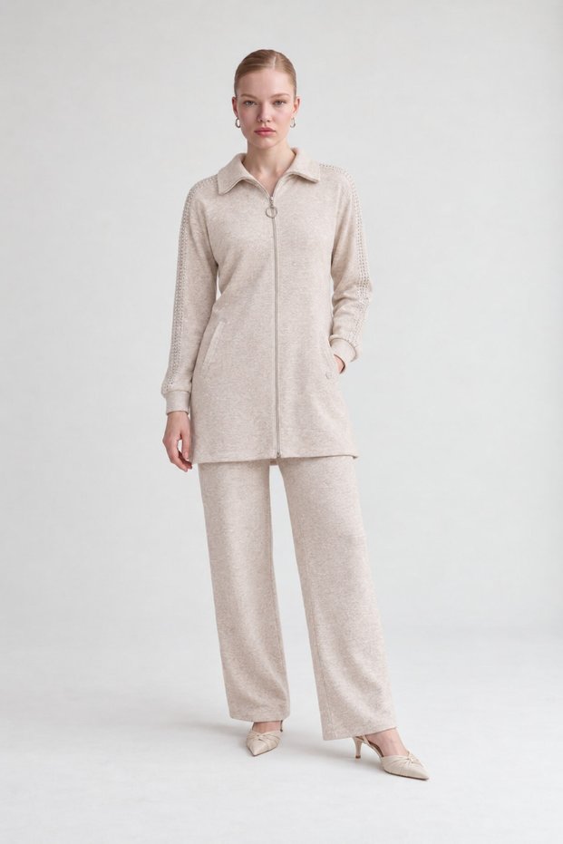 Stone Embellished Sleeves Cashmere Double Suit Beige
