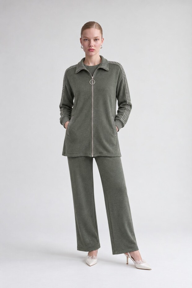 Stone Embellished Sleeves Cashmere Double Suit Khaki
